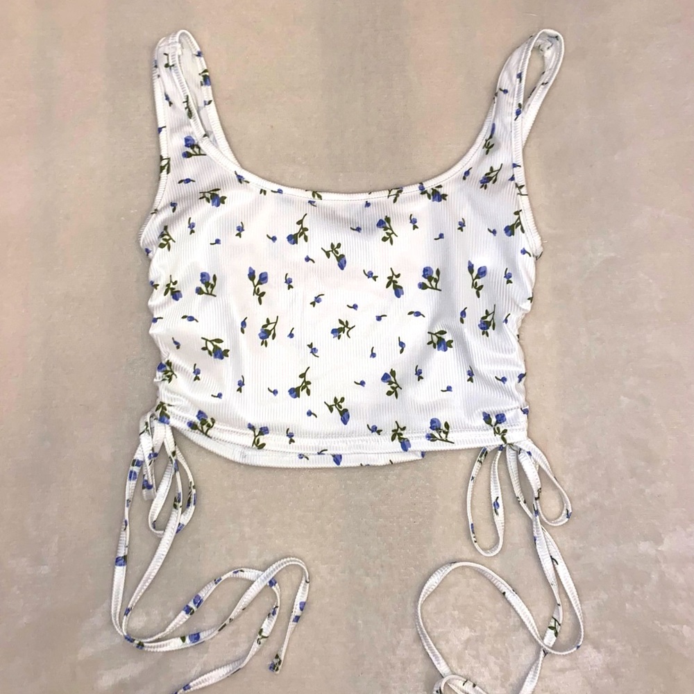 White & Purple Floral Tank Top with side ties